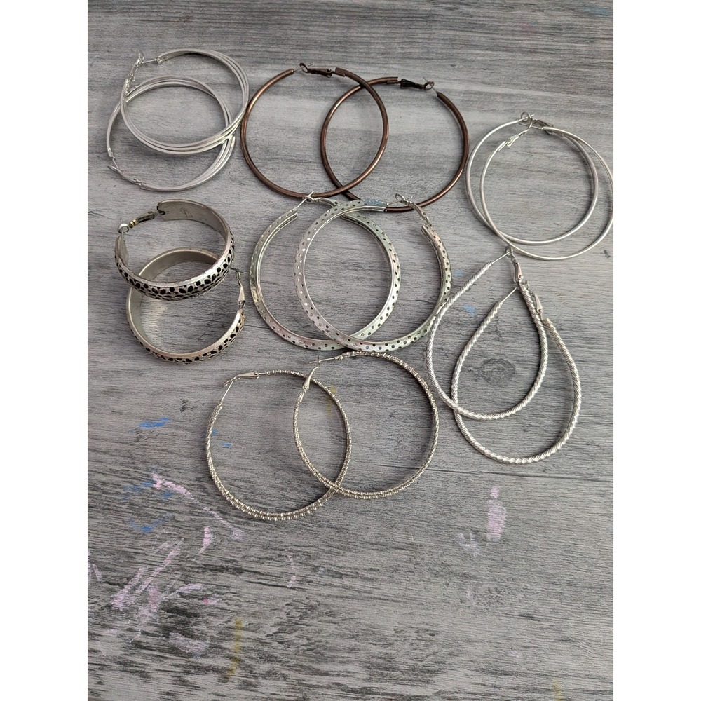 Assorted Hoop Earrings Set 7 Pairs Silver and Copper Tone Mixed Textures